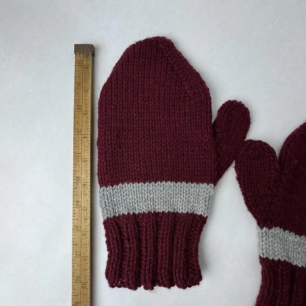 Hand Knit Mittens Burgundy Wine Red‎ Gray Stripe Adult 10”x5”